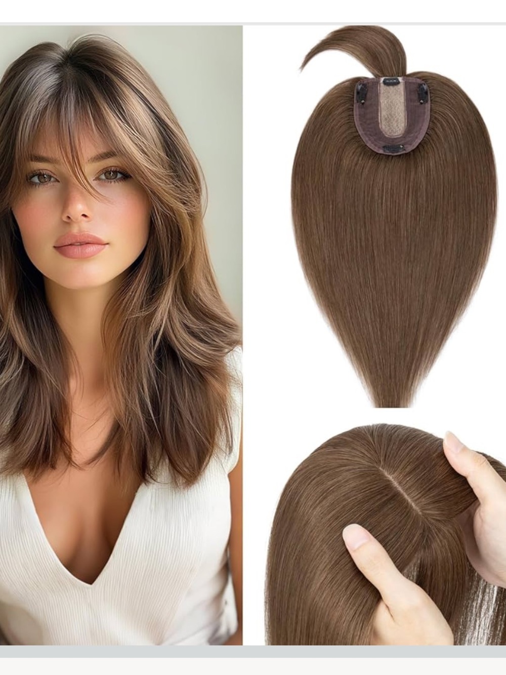 Real Human Hair Topper With Bang 100%  Clip in Silk Base Hair 6” #4